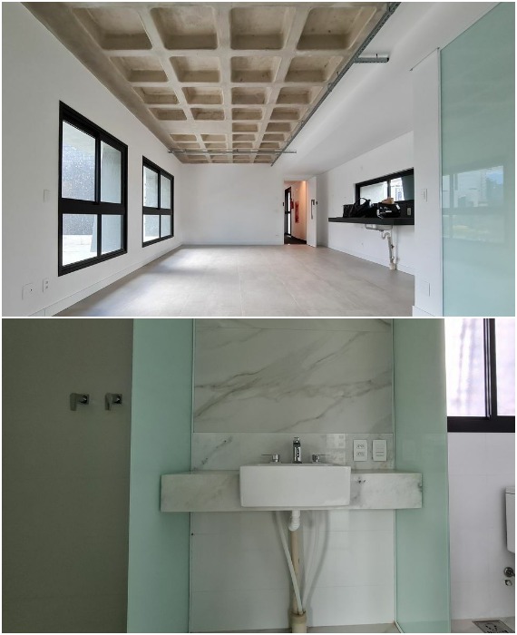 Пример квартиры-студии в новом доме, имеющем незаурядный внешний вид и нестандартные формы (Casamirador Inconfidentes Savassi, Белу-Оризонти).