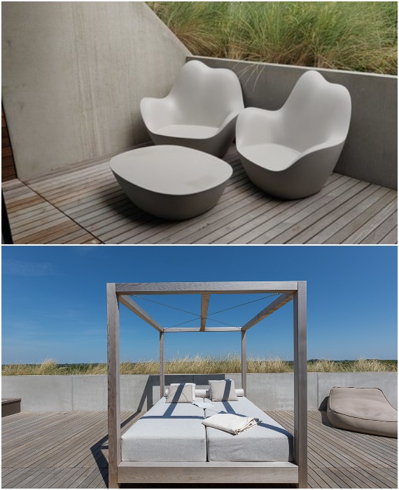 К услугам постояльцев открытые террасы с дизайнерской мебелью и кроватями (Duinhotel Tien Torens, Нидерланды).