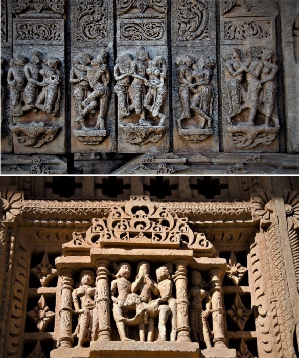 Некоторые залы храмового комплекса украшают барельефы с любовно-эротическими сценами из Кама-Сутры (Sas Bahu Temple, Удайпур).
