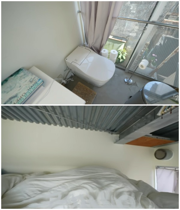 Унитаз, граничащий с кухонным столом, расположен сразу у окна, а спальное место оборудовано под потолком (Sakura Sakura, Токио).