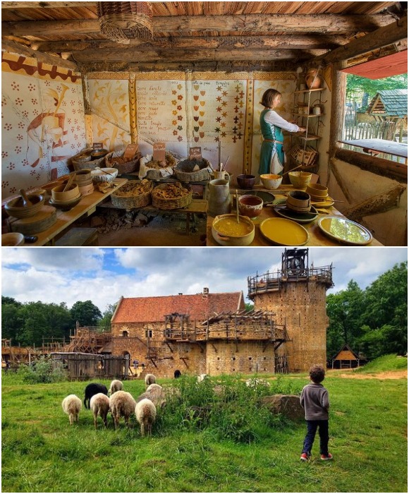 «Средневековые» работники живут в советующих хижинах, выращивают овощи и скот, кушают то, что ели в былые времена (Guedelon Castle, Бургундия). 