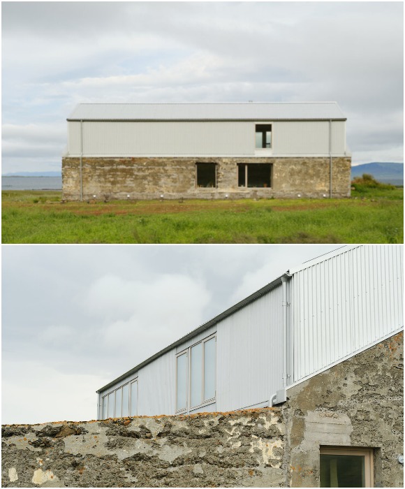 Разительный контраст старого бетонного сооружения и современной надстройки (Студия художника Хлодуберга, Исландия).