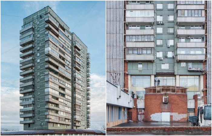 Посыпавшиеся швы и облицовка, разные окна и остекленные балконы – вполне привычная картина для советских многоэтажек, даже если они и строились для элитных жильцов (ЖК «Лебедь», Москва).