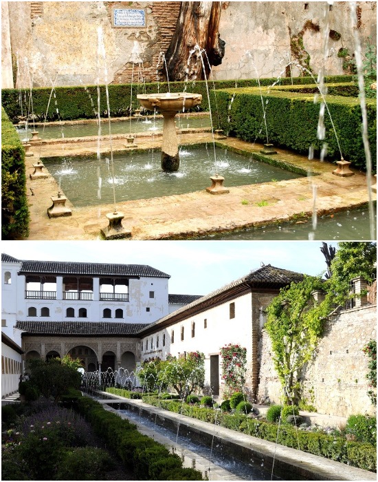 Бассейны и каналы наполняются водой, которая поднимается на высоту 840 метров по сложной гидротехнической системе (Alhambra, Испания).