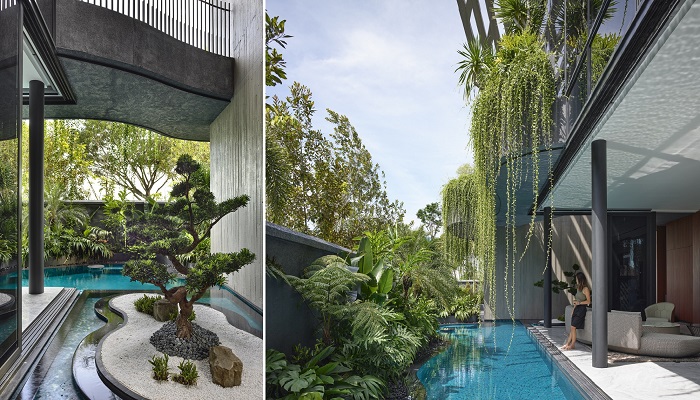 Зона отдыха у бассейна разнообразит досуг членов семьи (Concrete Yin Yang House, Сингапур).