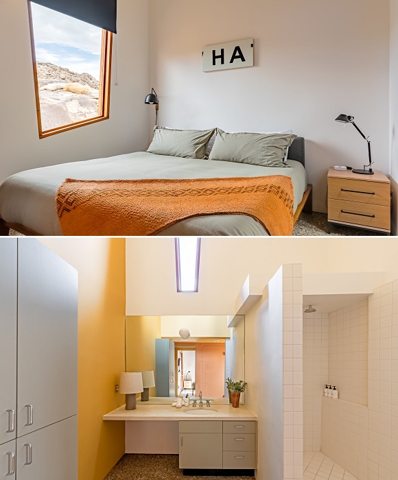 В модернистском доме, ставшем легендой архитектуры, имеется вполне реальная спальня и ванная комната (The Monument House, Joshua Tree National Park).