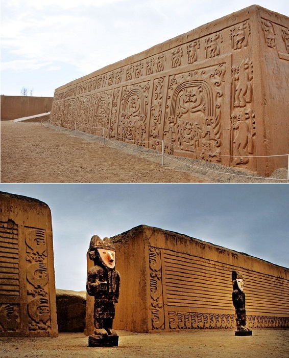 Каждый дворец и цитадель прятались за массивными глиняными ограждениями, как и весь периметр города был окружен 15-метровой высоты крепостной стеной (Chan Chan, Перу).
