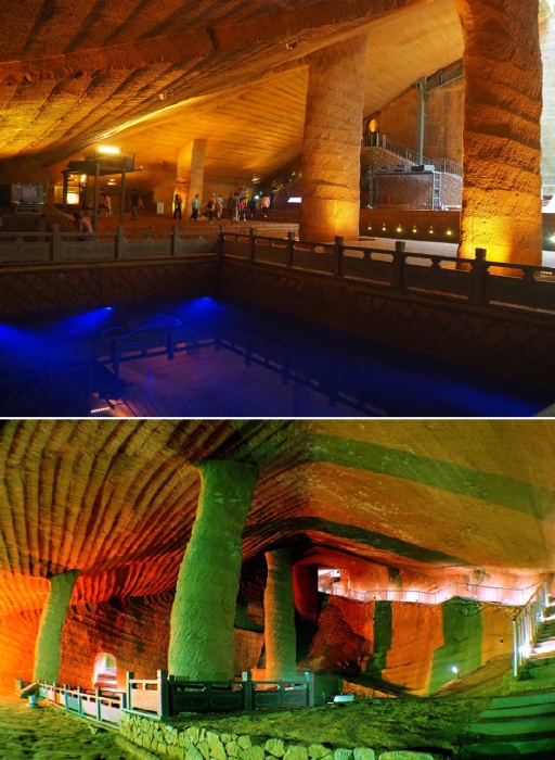 Поскольку Пещеры Лунъю стали туристической достопримечательностью, безопасности и спецэффектам уделили особое внимание (Шиян Бэйцунь, Китай).