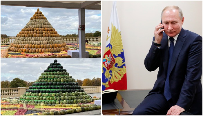 Трактор с сеялкой, пирамиды из арбузов и дынь: что подарили Владимиру Путину на юбилей.