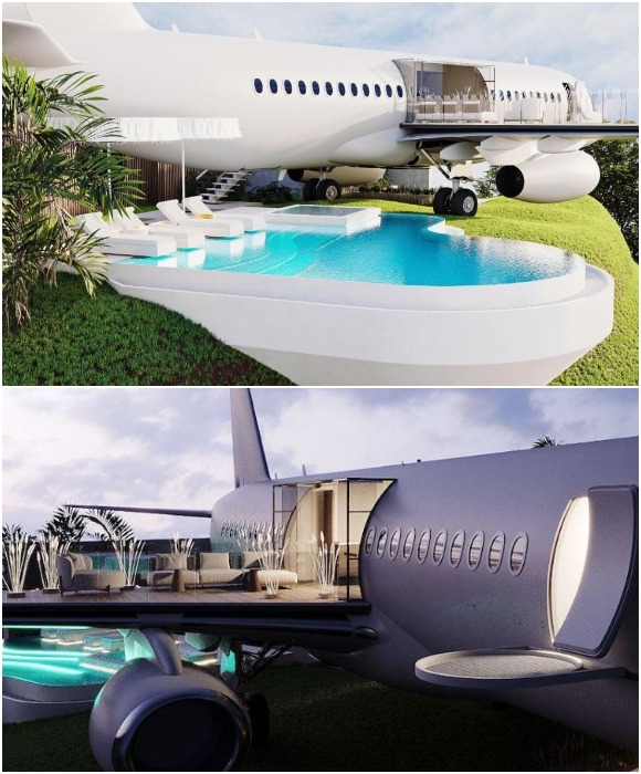 На крыле самолета имеется открытая терраса, а под ним гостей ждет видовой бассейн (рендеринг Private Jet Villa).