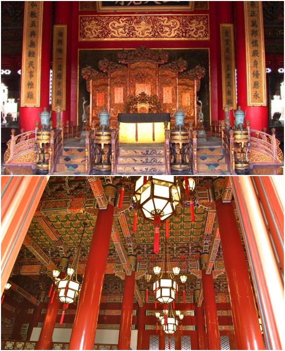 В дворцовых интерьерах преобладает красный цвет и позолоченный декор (Запретный город, Пекин).