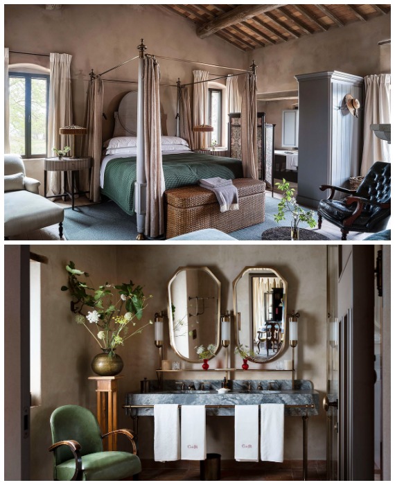 Большинство предметов мебели и аксессуары с исторической точностью воспроизводили в мастерской, организованной прямо на территории реконструируемого поместья (Castello Di Reschio Hotel, Италия).