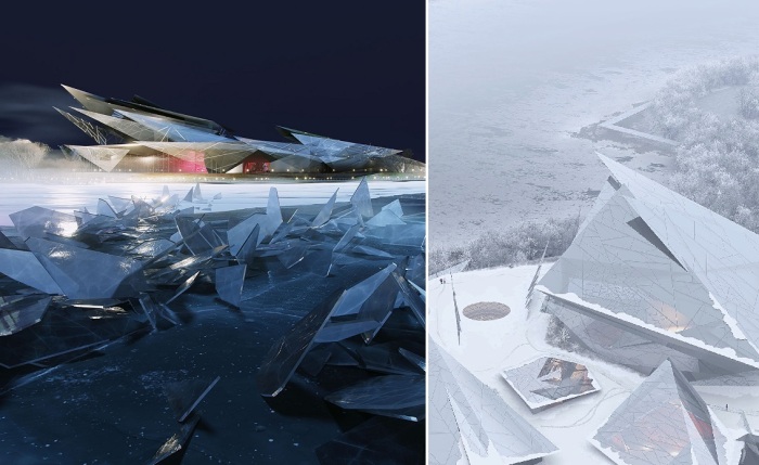 Новое здание Театра Камала в зимнее время будет напоминать «ледяные цветы», появляющиеся на замерзшей поверхности озера Кабан (рендеринг).