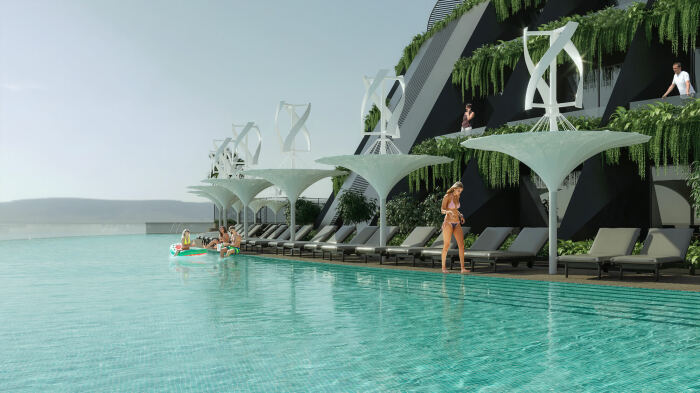 Зоны отдыха у бассейнов, у самой кромки плавучей платформы, позволят насладиться бескрайней красотой водной глади (концепт Qatar's Eco-Floating Hotel). | Фото: © Hayri Atak Architectural Design Studio.