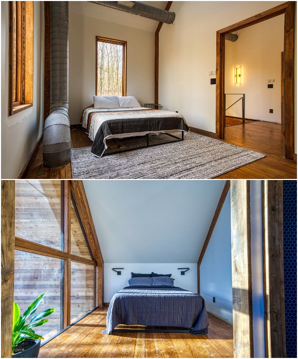 Интерьер спальных комнат, расположенных на втором этаже лесной хижины Catskills Cabin (Кэтскилл, США).