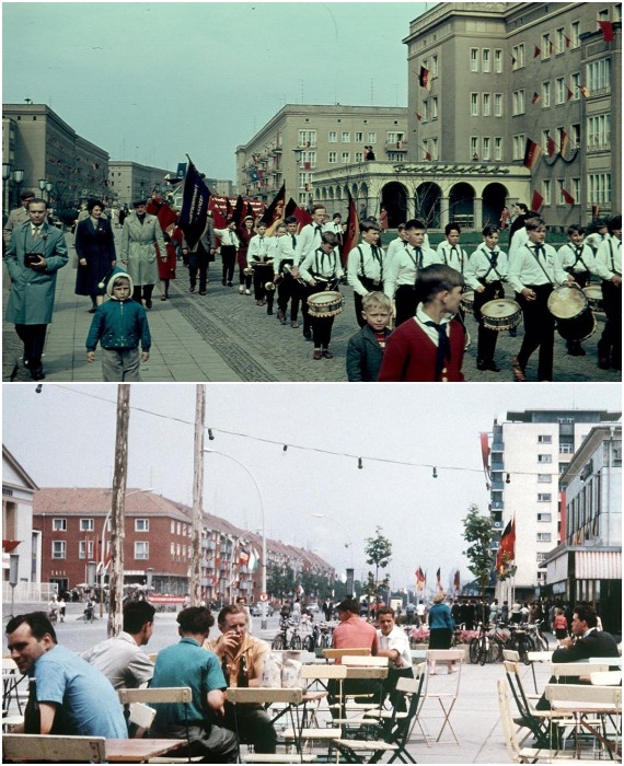 Проспекты и улицы были рассчитаны на то, чтобы жители могли проявлять свою политическую сознательность во время митингов и праздников, а также приятно провести время (Айзенхюттенштадт, Германия).