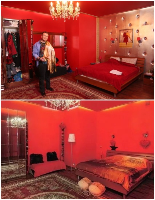 В спальне Сергея Пенкина красного цвета не только текстиль, но и стены, и даже потолок.