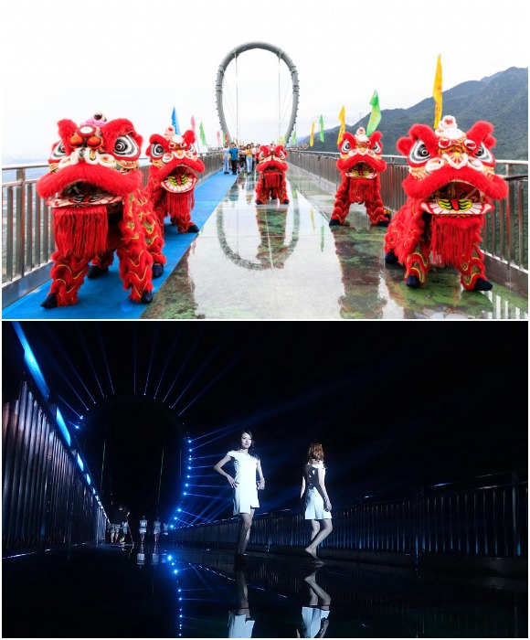 Для артистов и моделей выступать на такой эксцентричной площадке тоже немалое испытание (Huangtengxia Tianmen Sky Walk, Гуандун).