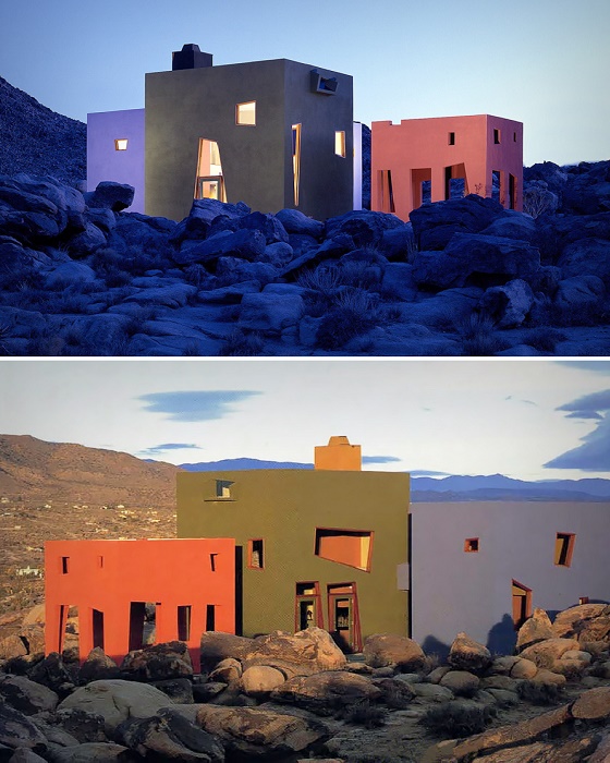 Солнце пустыни создает драматическую игру теней, интересным образом взаимодействуя с прямыми углами и окнами архитектурного творения (The Monument House, США).