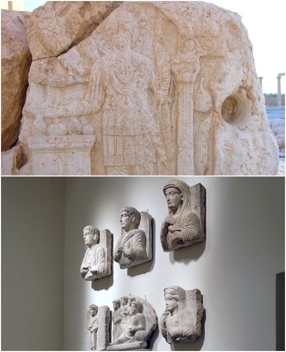 В гробницах неплохо сохранились гипсовые изваяния и барельефы, высеченные из камня, изображающие людей, покоящихся в них (Пальмира, Сирия).
