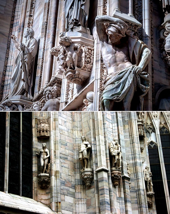 Миланский кафедральный собор украшают 3,4 тыс. крупных скульптур и десятки тысяч небольших статуй, барельефов и узоров (Италия).