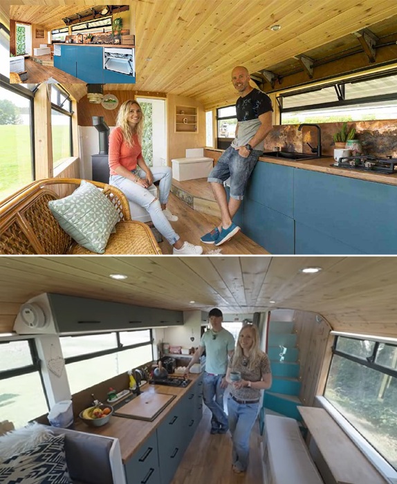 Благоустроенная кухня-столовая в преобразованном автобусе.