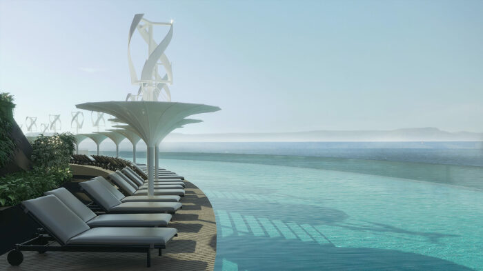 По окружности прилегающей территории обустроены открытые бассейны с соленой водой (концепт Qatar's Eco-Floating Hotel). | Фото: amazingarchitecture.com.