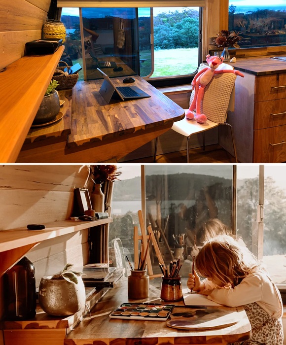 Офисный уголок в преображенном автобусе (The Bus Hideaway).
