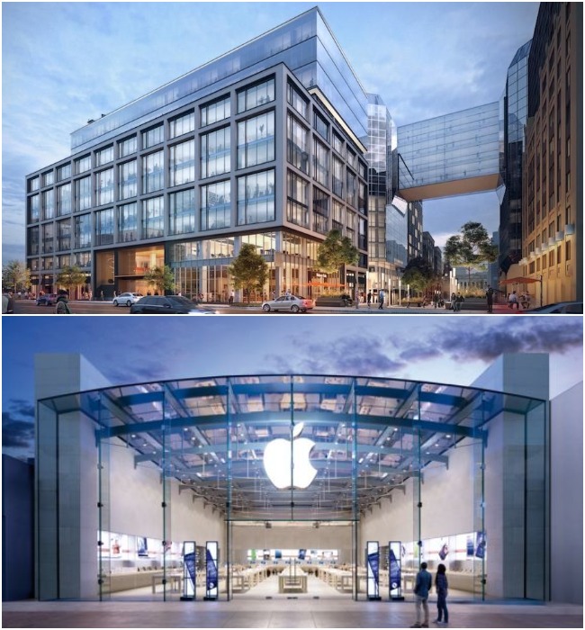 В оформлении офисов и магазинов Apple преобладают масштаб, футуристичность форм и узнаваемая символика.