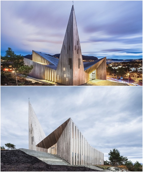 Футуристическая структура Community church of Knarvik идеально вписывается и в городской ландшафт, и природный пейзаж (Норвегия). 
