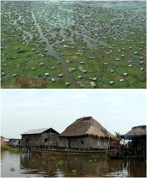 Среди огромного озера раскинулась плавучая деревня Ganvie (Бенин, Западная Африка).