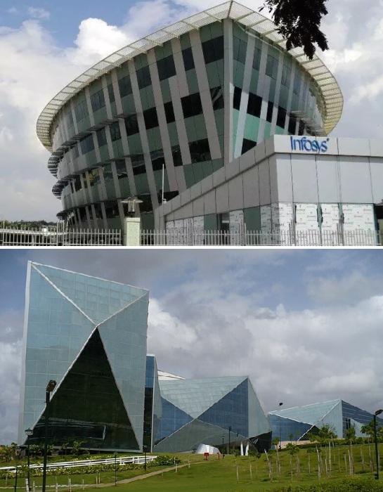 Офисы и кампусы Infosys построены по всем правилам устойчивой архитектуры и были экологичны еще до того, как эти понятия стали настолько популярными (здания в Тируванантапураме и Майсуре, Индия).