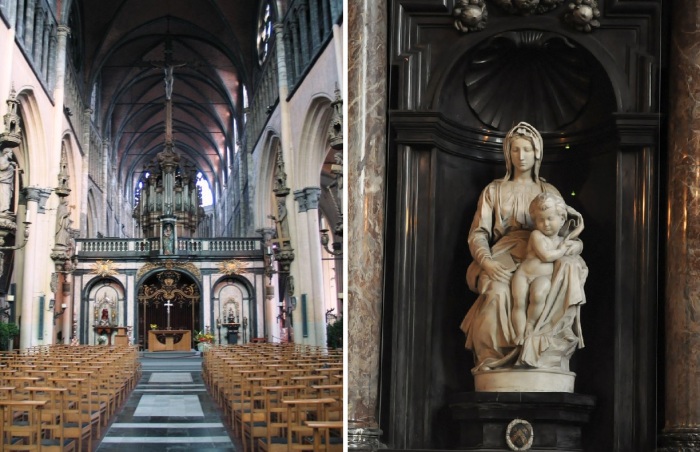 Впечатляющий интерьер главного зала и легендарная статуя Мадонны с младенцем, работы гениального Микеланджело (Церковь Пресвятой Девы Марии, Брюгге).  