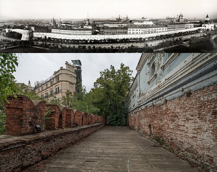Панорама Китайгородской стены до ее демонтажа и оставшийся фрагмент памятника истории.