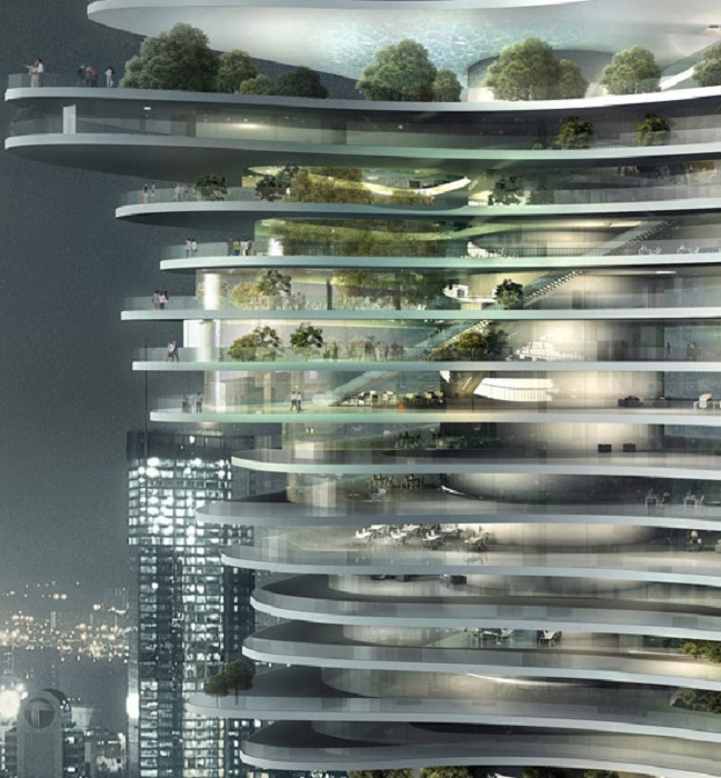 Дворики, бассейны и деревья на просторных балконах станут связующим звеном между городской инфраструктурой и окружающей средой (проект MAD Architects). | Фото: evolo.us.