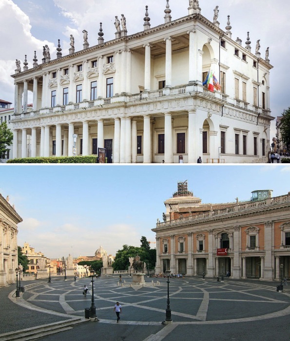 Фасады старинных зданий, выходящих на площадь Кампидольо, преобразовали в стиле маньеризма (Рим, Италия).