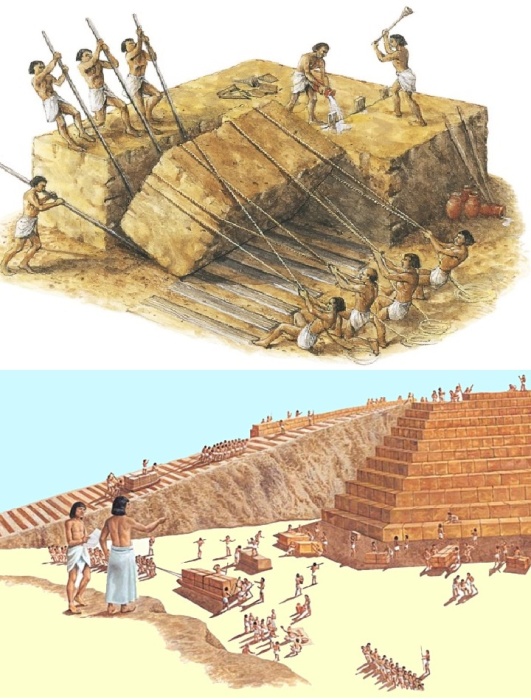 Предположительные процессы добычи камня и строительства, которые древние египтяне якобы использовали, чтобы всего за 20 лет построить гигантскую пирамиду. 