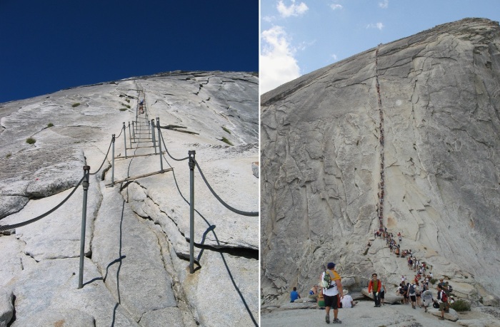 Пеший поход на вершину Хаф-Доум – это одно из самых сложных и захватывающих приключений, которое под силу не всем любителям острых ощущений (The Half Dome cables, США).