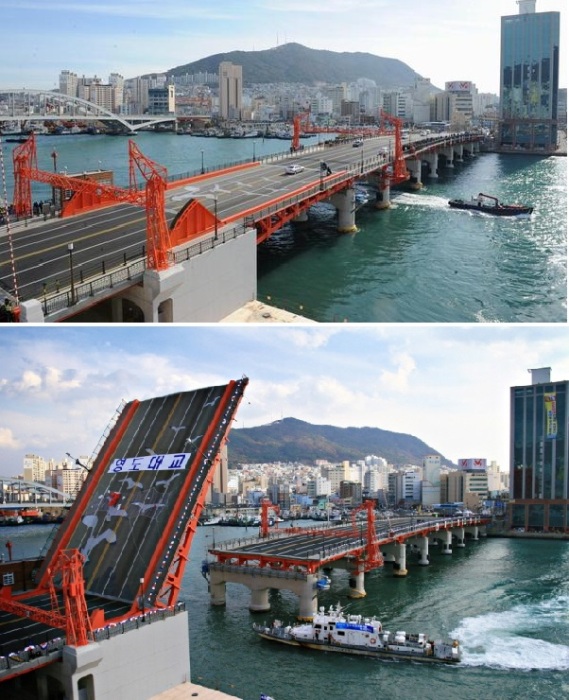 Мост Йондо, открытый в 1934 году, был первым разводным мостом, соединяющим одноименный остров с материковой частью Пусана (Южная Корея).