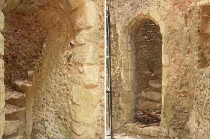 В древнем замке сохранилась каменная лестница, ведущая на верхние этажи (Thetford Warren Lodge, Великобритания).