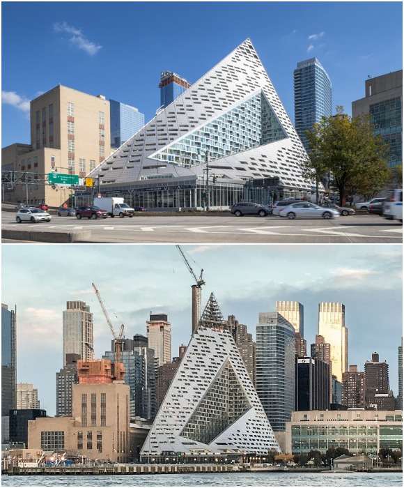 Наклон здания позволяет осуществить органичный переход между малоэтажными строениями на юге и высотными жилыми башнями на севере и западе участка (Via57-West, Нью-Йорк).