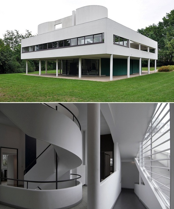 Контраст между острыми углами фасада и динамичностью внутренних пространств не одно десятилетие очаровывает дизайнеров всего мира (Villa Savoye, Франция).