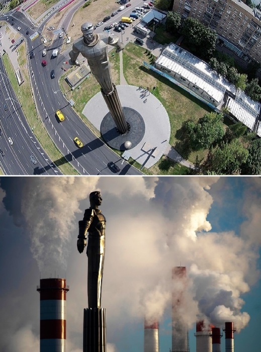 Памятник Ю. Гагарину на Ленинском проспекте все чаще появляется на фоне дымящих труб, только теперь олицетворяет проблемы человечества. 