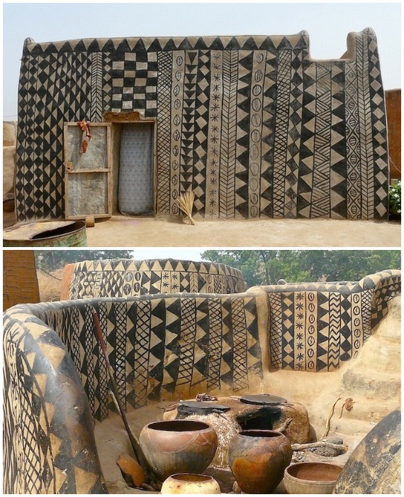 Глинобитные дома прямоугольной формы расписывали в черно-белых тонах (Тьебеле, Африка).