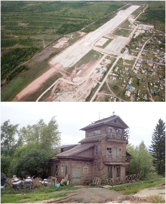 Взлетно-посадочная полоса и заброшенное старое здание контрольно-диспетчерского пункта аэродрома «Олёкминск» (Якутия).
