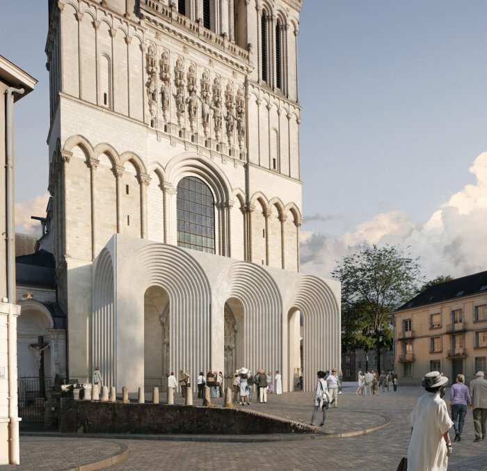 Эффектное арочное дополнение к готическому входу в Анжеский собор станет порталом между прошлым и будущим (Франция). | Фото:  mymodernmet.com.