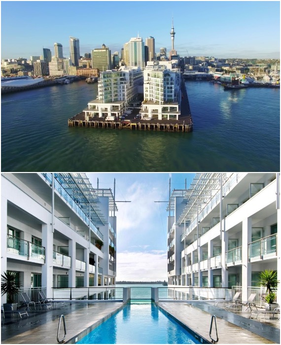 В отеле Hilton Auckland имеется единственный в мире бассейн-смотровая площадка, откуда открывается увлекающий морской пейзаж (Окленд, Новая Зеландия).
