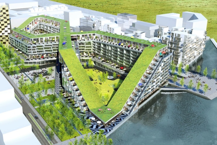«Зеленая» крыша стала связующим элементом всего многофункционального жилого комплекса 8 House (Копенгаген, Дания). | Фото: mymodernmet.com.