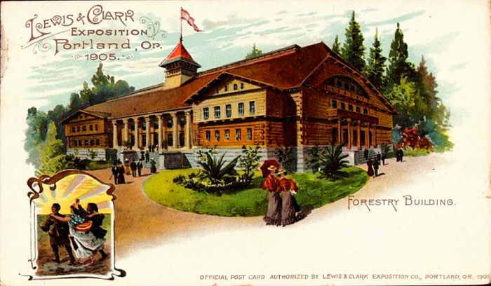 Сувенирная открытка с изображением «Здания лесного хозяйства» с выставки Льюиса и Кларка 1905 год. | Фото: offbeatoregon.com.