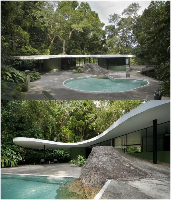 Биоаморфная бетонная крыша, поддерживаемая изящными стальными колоннами вместе со стеклянными стенами, «растворили» архитектурную структуру в природном ландшафте (Casa das Canoas, Рио-де-Жанейро). 